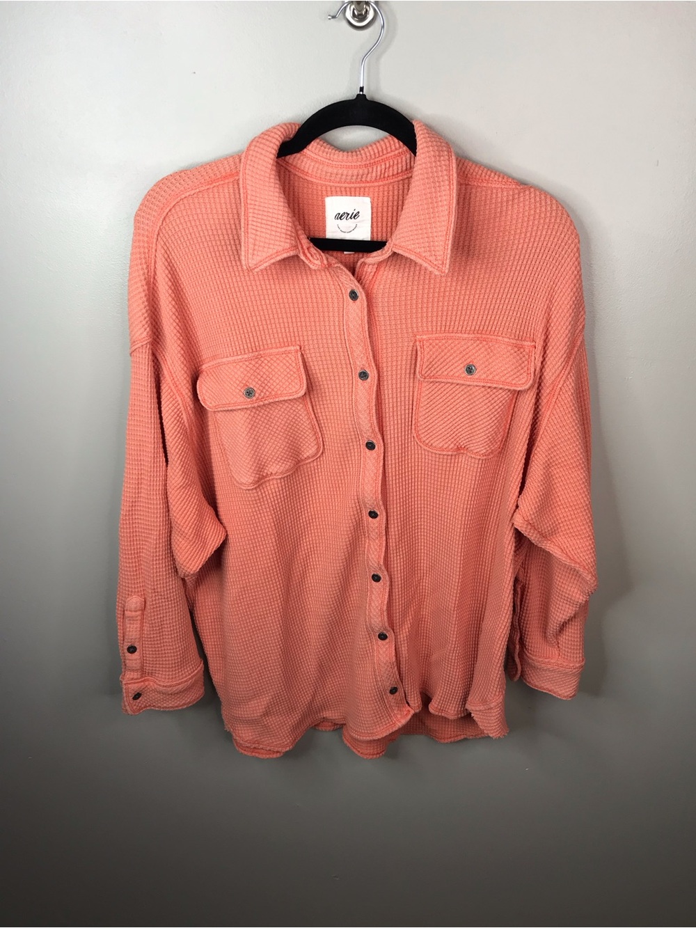 aerie Lumber Jane Coral Waffle Knit Button-Up Shirt Sz Medium